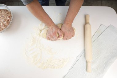 Mutfakta dekorasyonsuz ev yapımı börekler. Kıyma, sığır eti ve tavukla hamur tatlısı yapmak.