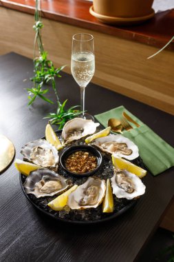 open fresh oysters on a metal plate in ice on a concrete background