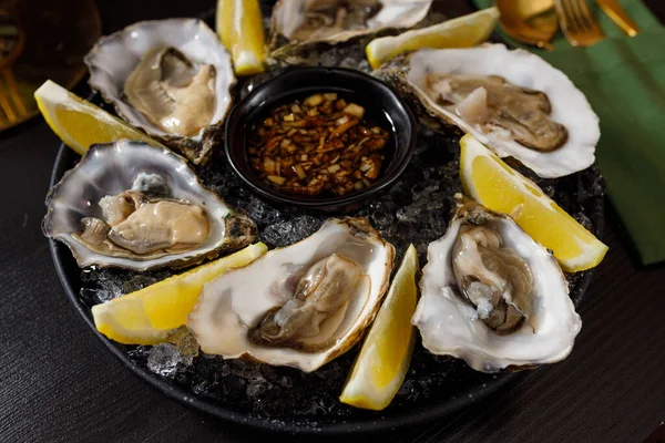 open fresh oysters on a metal plate in ice on a concrete background