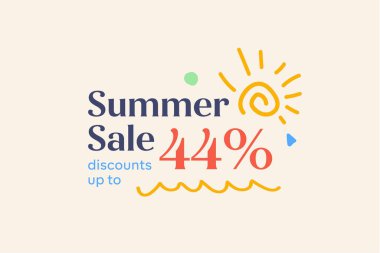 Özel yaz indirimi% 44 indirimi, sezonluk alışveriş tanıtımı, vektör tasarımı     