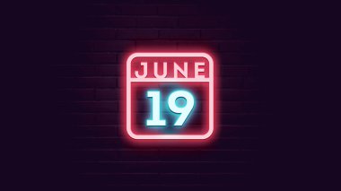 19 Haziran takvimi neon mavi ve kırmızı ışıklı tuğla zemin  