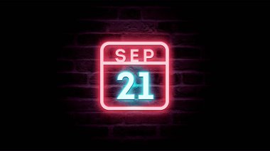 21 Eylül takvimi neon mavi ve kırmızı ışıklı tuğla zemin   