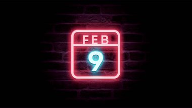 9 Şubat takviminde tuğla zemininde neon mavi ve kırmızı neon ışıklar 