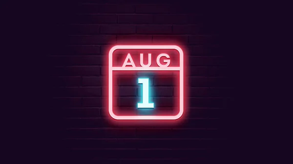 August Kalender Mit Neonblauen Und Roten Neonlichtern Auf Ziegelsteinen Hintergrund — Stockfoto