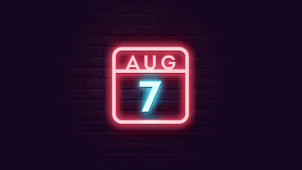 Augusztus Naptár Neon Kék Piros Neon Fények Tégla Háttér — Stock Fotó