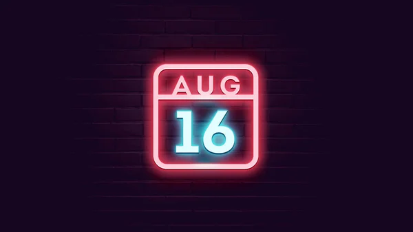 Agosto Calendario Con Luces Neón Azul Rojo Sobre Fondo Ladrillos —  Fotos de Stock