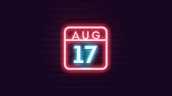 Agosto Calendário Com Luzes Néon Azul Vermelho Tijolos Fundo — Fotografia de Stock