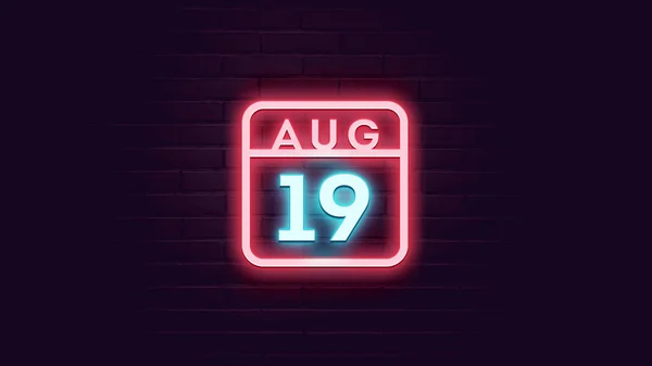 Ağustos Takviminde Neon Mavi Kırmızı Işıklı Tuğla Arkaplan — Stok fotoğraf