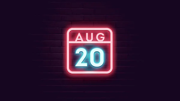 August Kalender Mit Neonblauen Und Roten Neonlichtern Auf Ziegelsteinen Hintergrund — Stockfoto