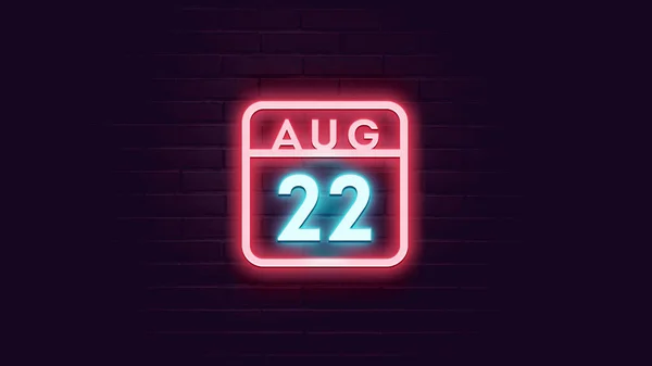 August Kalender Mit Neonblauen Und Roten Neonlichtern Auf Ziegelsteinen Hintergrund — Stockfoto