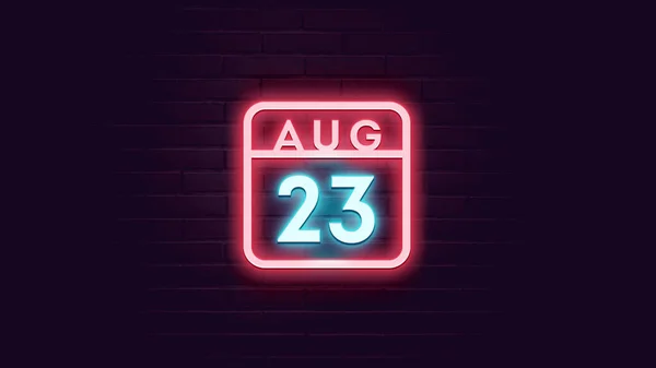 Agosto Calendario Con Neon Blu Rosso Luci Neon Sfondo Mattoni — Foto Stock