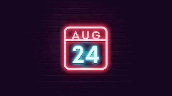 Augustus Kalender Met Neon Blauw Rood Neon Lichten Bakstenen Achtergrond — Stockfoto