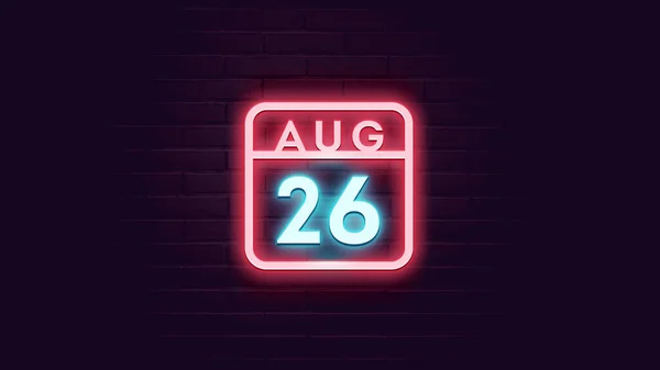 August Kalender Mit Neonblauen Und Roten Neonlichtern Auf Ziegelsteinen Hintergrund — Stockfoto