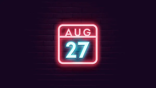 Ağustos Takvimi Neon Mavi Kırmızı Işıklı Tuğla Zemin — Stok fotoğraf