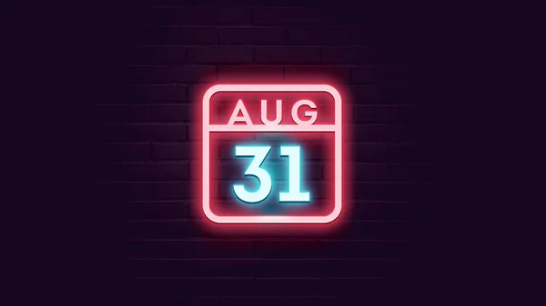 Agosto Calendario Con Luces Neón Azul Rojo Sobre Fondo Ladrillos — Foto de Stock