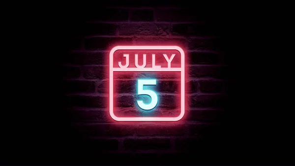 Temmuz Takviminde Tuğla Zemininde Neon Mavi Kırmızı Işıklar — Stok fotoğraf