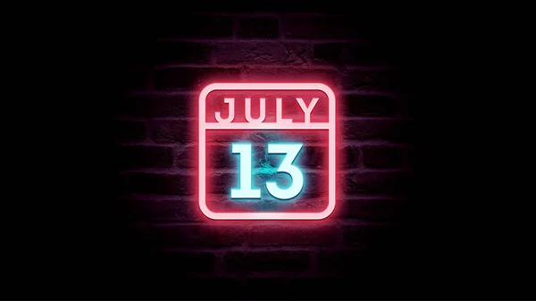Luglio Calendario Con Neon Blu Rosso Luci Neon Sfondo Mattoni — Foto Stock