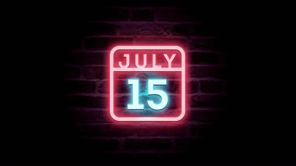 Luglio Calendario Con Neon Blu Rosso Luci Neon Sfondo Mattoni — Foto Stock