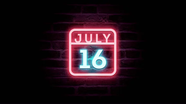 Luglio Calendario Con Neon Blu Rosso Luci Neon Sfondo Mattoni — Foto Stock