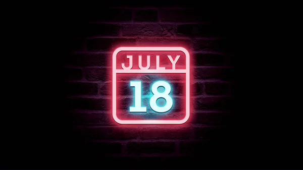 Luglio Calendario Con Neon Blu Rosso Luci Neon Sfondo Mattoni — Foto Stock