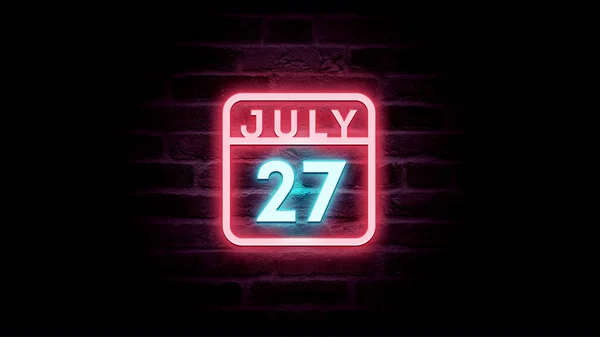 7月27日日历 背景上有霓虹灯蓝色和红色霓虹灯 — 图库照片
