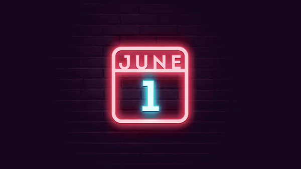 Juni Kalender Met Neon Blauw Rood Neon Lichten Bakstenen Achtergrond — Stockfoto