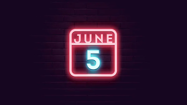 Juni Kalender Met Neon Blauw Rood Neon Lichten Bakstenen Achtergrond — Stockfoto