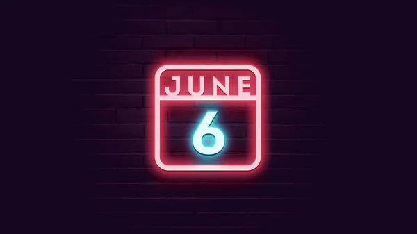 Juni Kalender Met Neon Blauw Rood Neon Lichten Bakstenen Achtergrond — Stockfoto