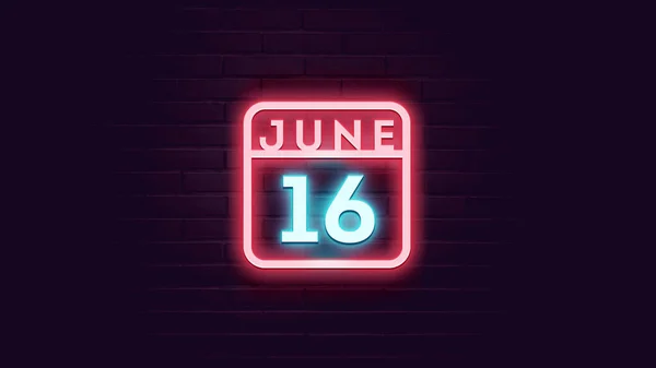 Haziran Takvimi Neon Mavi Kırmızı Işıklı Tuğla Zemin — Stok fotoğraf