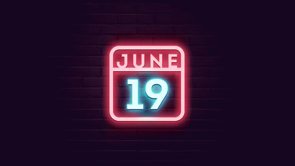 Juni Kalender Met Neon Blauw Rood Neon Lichten Bakstenen Achtergrond — Stockfoto