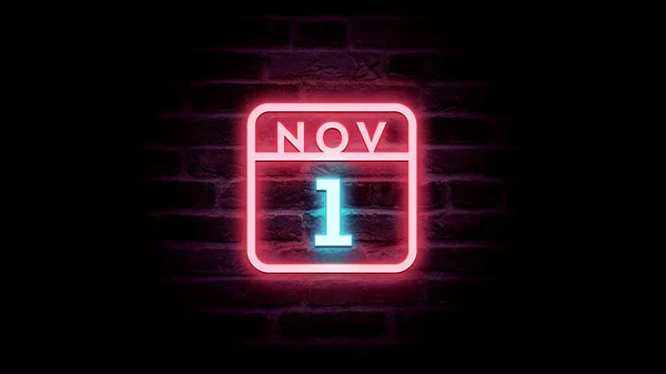 Listopada Kalendarz Neonowymi Niebieskimi Czerwonymi Neonami Tle Cegieł — Zdjęcie stockowe