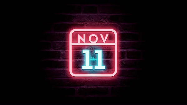 Listopadu Kalendář Neonově Modré Červené Neonové Světla Pozadí Cihel — Stock fotografie