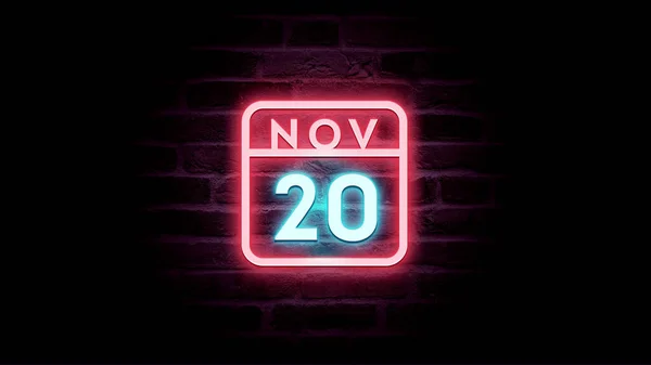 レンガの背景にネオンブルーと赤のネオンと11月20日カレンダー — ストック写真