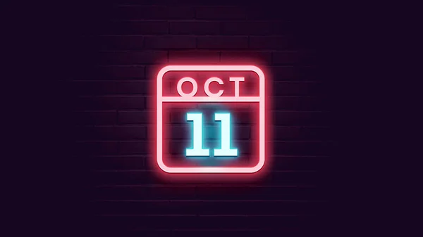 Oktober Kalender Met Neon Blauw Rood Neon Lichten Bakstenen Achtergrond — Stockfoto