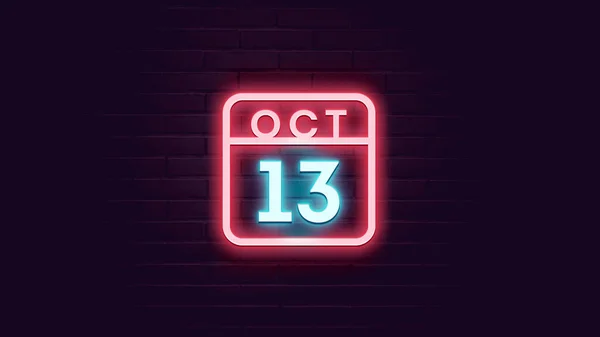 レンガの背景にネオンブルーと赤のネオンと10月13日カレンダー — ストック写真
