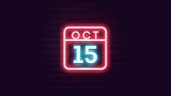 レンガの背景にネオンブルーと赤のネオンと10月15日カレンダー — ストック写真