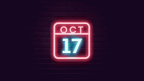 Oktober Kalender Mit Neonblauen Und Roten Neonlichtern Auf Ziegelsteinen Hintergrund — Stockfoto