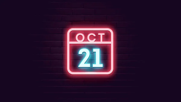 Ottobre Calendario Con Neon Blu Rosso Luci Neon Sfondo Mattoni — Foto Stock
