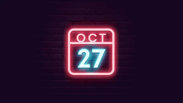 Octubre Calendario Con Luces Neón Azul Rojo Sobre Fondo Ladrillos —  Fotos de Stock