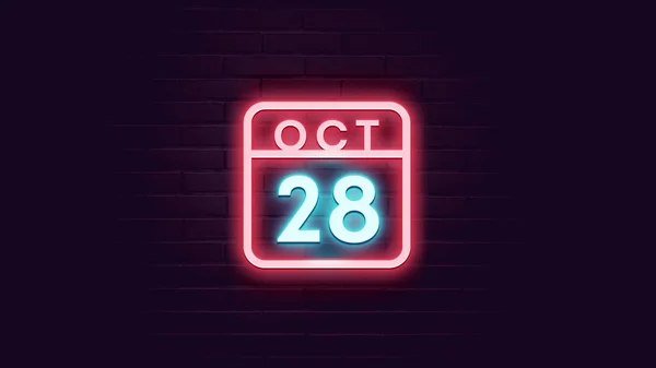 Octubre Calendario Con Luces Neón Azul Rojo Sobre Fondo Ladrillos — Foto de Stock