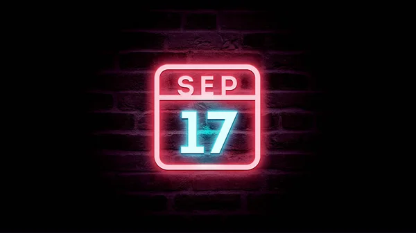 September 17 calendar with neon blue and red neon lights on bricks background