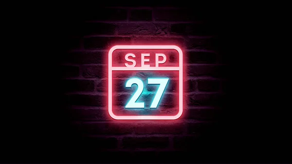 Settembre Calendario Con Neon Blu Rosso Luci Neon Sfondo Mattoni — Foto Stock