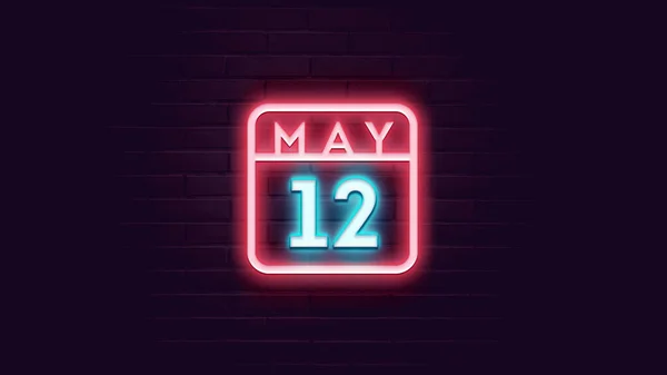 Μαΐου Ημερολόγιο Νέον Μπλε Και Κόκκινο Νέον Φώτα Τούβλα Φόντο — Φωτογραφία Αρχείου