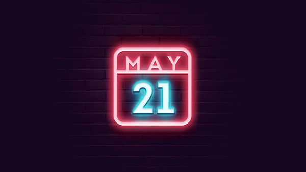 レンガの背景にネオンブルーと赤のネオンと5月21日カレンダー — ストック写真