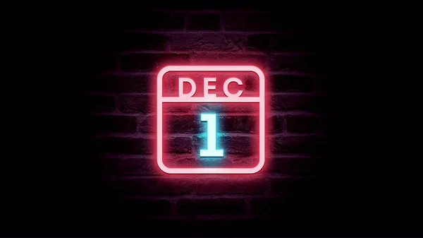 Dicembre Calendario Con Neon Blu Rosso Luci Neon Sfondo Mattoni — Foto Stock