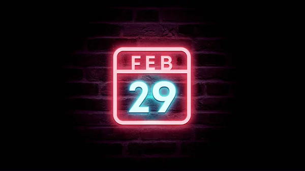 Φεβρουαρίου Ημερολόγιο Νέον Μπλε Και Κόκκινο Νέον Φώτα Τούβλα Φόντο — Φωτογραφία Αρχείου