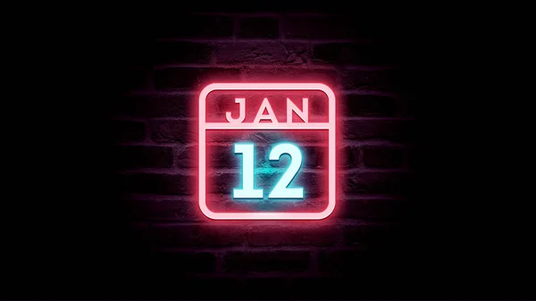 Leden Kalendář Neonově Modré Červené Neonové Světla Pozadí Cihel — Stock fotografie