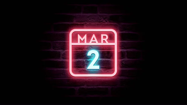 March Calendar Neon Blue Red Neon Lights Bricks Background — Stock Photo, Image