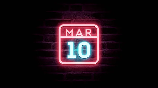 Marzo Calendario Con Luces Neón Azul Rojo Sobre Fondo Ladrillos —  Fotos de Stock