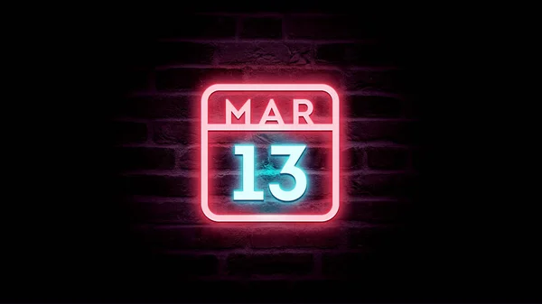 März Kalender Mit Neonblauen Und Roten Neonlichtern Auf Ziegelsteinen Hintergrund — Stockfoto